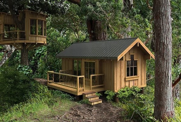 Cedar cabin with solar panels in forest