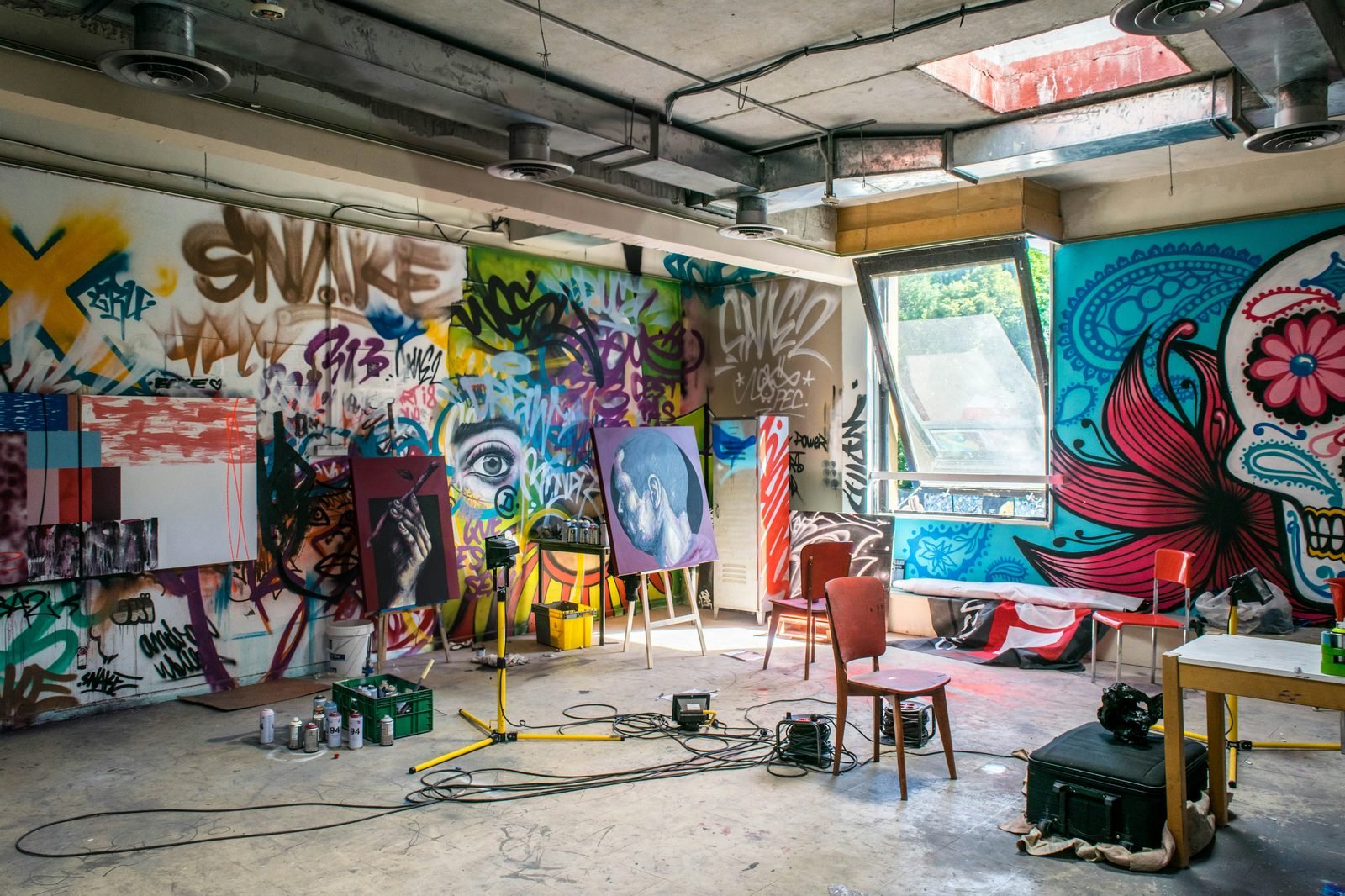 Mixed arts studio with ceramics and easels